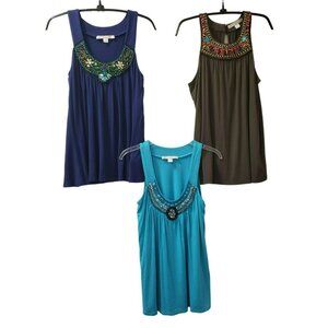 Lot of 3 Boston Proper Beaded Tank Tops Sz XS Green Navy Blue Turquoise, Sequins